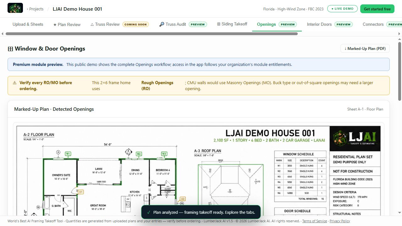 Live LumberJack AI workspace showing the verified window and exterior-door schedule for LJAI Demo House 001